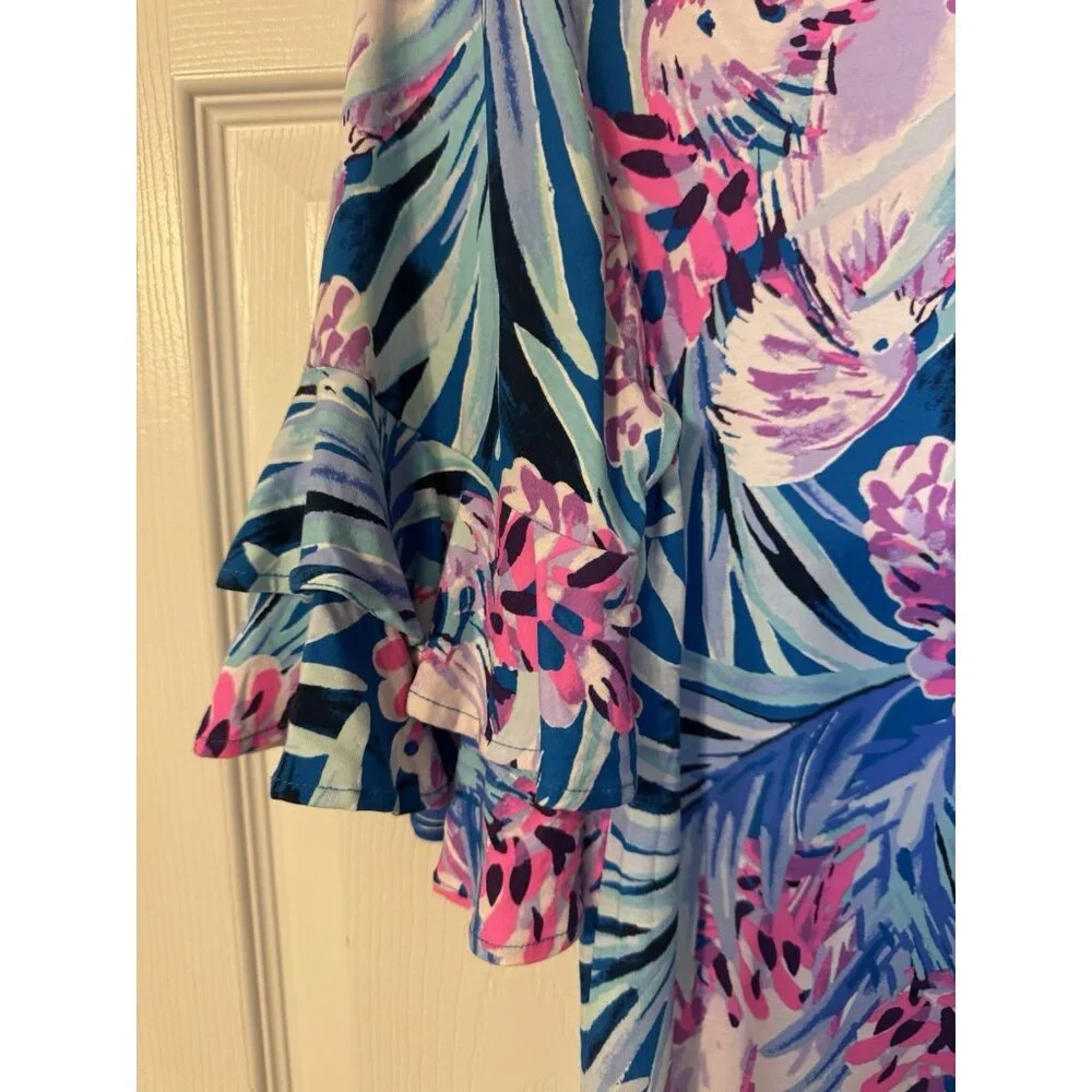 Lilly Pulitzer Dress M Blue Pink White Stretch Shift Short Ruffle Sleeve - Picture 11 of 13
